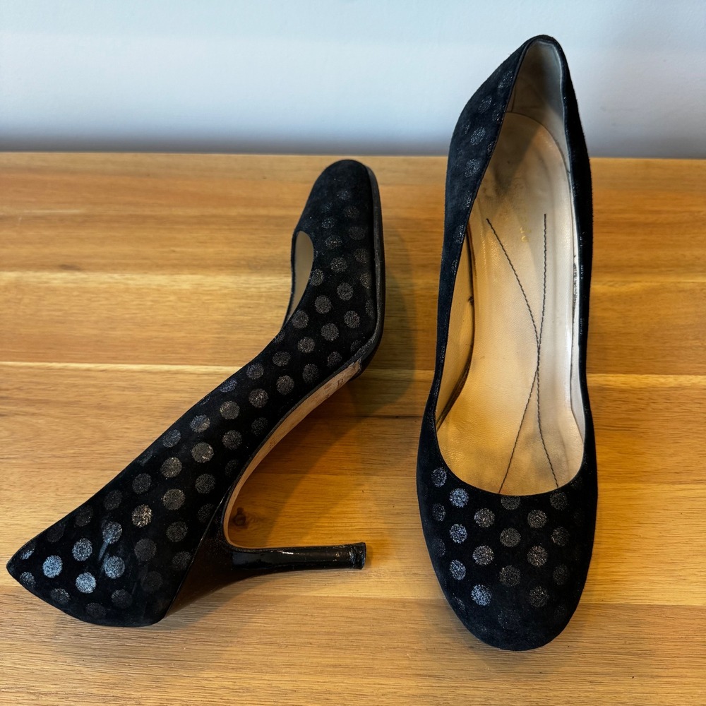 Kate Spade New York Women 8.5B Black Suede Metallic Polka Dot Pumps Heels Italy